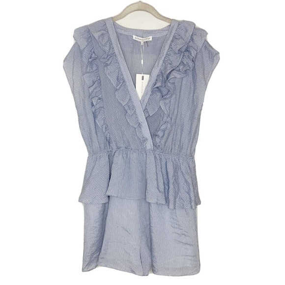 Endless Rose Pants - NWT Endless Rose Light Blue Stripe V Neck Ruffle Trim Romper Size Large H5